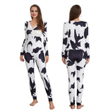 Women-Buttoned-Flap-Jumpsuits-Sleepwear-Cow-Printed-Long-Sleeve-V-Neck-Bodycon-Romper-Spring-Fall-Loungewear