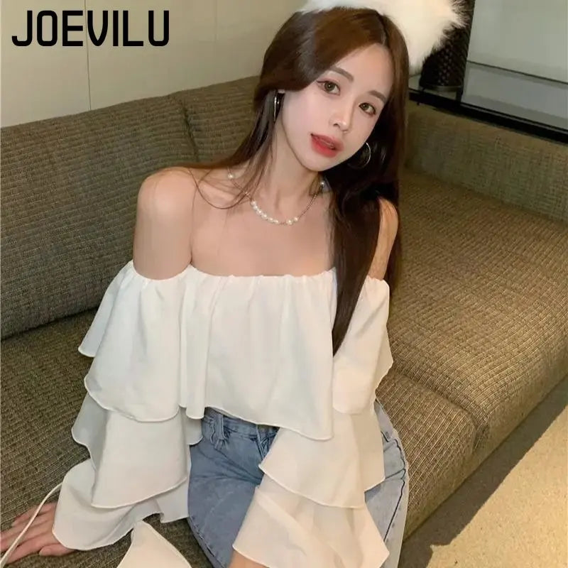 JOEVILU Chiffon Shirt Off Shoulder Ruffle White Blouse Spring and Summer Women's Casual Tops Ladies Korean Style Blusas Crop Top 2