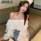 JOEVILU Chiffon Shirt Off Shoulder Ruffle White Blouse Spring and Summer Women's Casual Tops Ladies Korean Style Blusas Crop Top 2