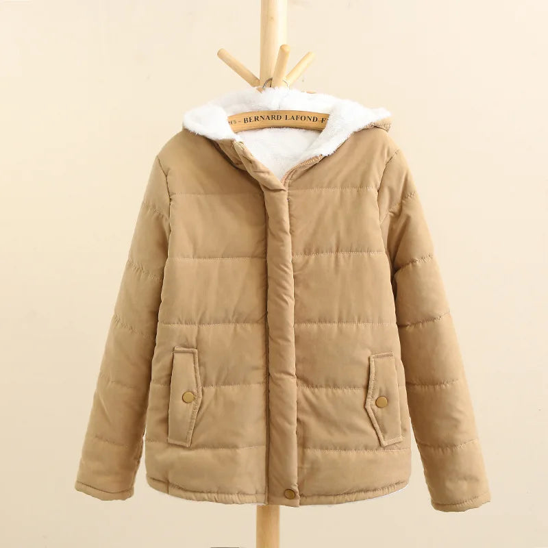Korean Style New Fashion Women's Velvet Thicken Casual Trendy Solid Color Hooded Parkas Female Simple Basic Pocket Clothes Coats 6