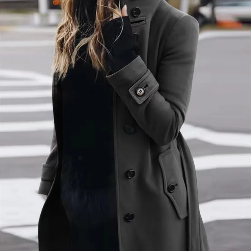 Fashion Commuting Winter Jacket Mid-length Overcoat 2025 Solid color Belt Single-breasted Stand collar for Ladies Office Outfit 2