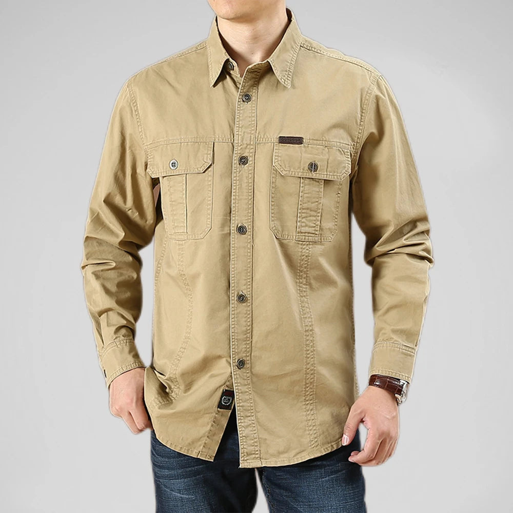 Men's 100% Cotton Multi-Pocket Cargo Shirt - Solid Color, Long Sleeve 3