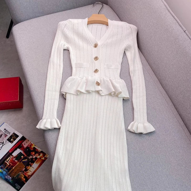 YuooMuoo Brand Fashion One-piece Knitted Maxi Dress Women Elegant V-neck Ruffled Slim Waist Bodycon Sweater Dress Party Vestido 2