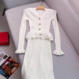 YuooMuoo Brand Fashion One-piece Knitted Maxi Dress Women Elegant V-neck Ruffled Slim Waist Bodycon Sweater Dress Party Vestido 2