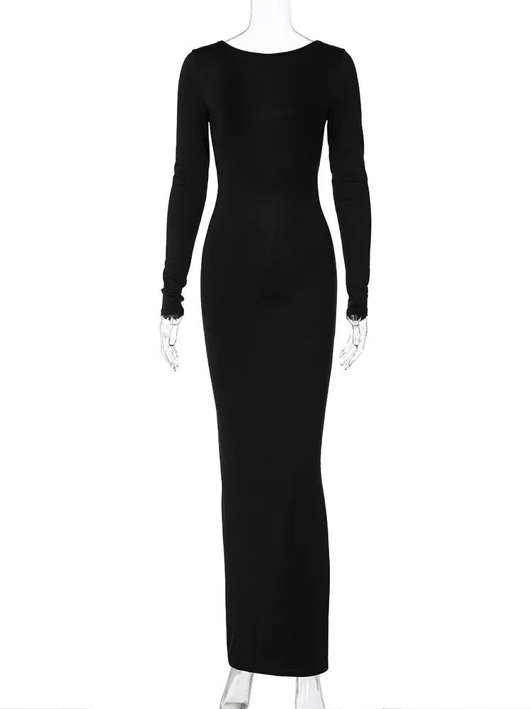 Elegant Long Sleeve Backless Solid Cuched Sexy Bodycon Maxi Prom Dress 6