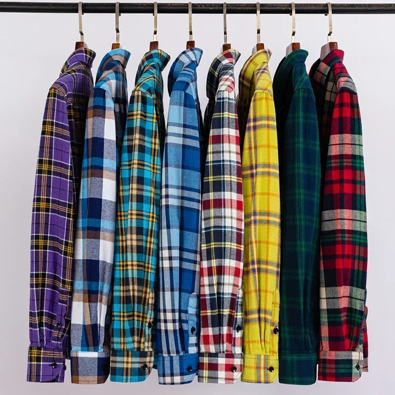 Autumn Thick Flannel Shirt Plaid Shirts Standard-Fit For Men Long Sleeve Pure Cotton Fashion Single Patch Pocket Design Young 3
