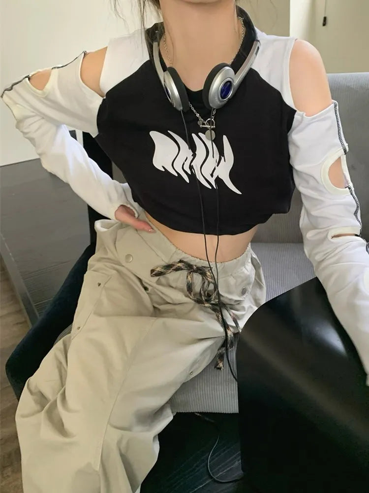 Kpop Fashion 2023 Contrast Crop Tshirt Women Y2K Hollow Out Long Sleeve Tee Summer Harajuku Casual Streetwear Sexy Slim Crop Top 5