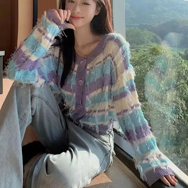 Patchwork Striped Cardigan Women Tassel Long Sleeve Knitted Sweet Sweater Fashion Purple Button Autumn Cropped Tops 1
