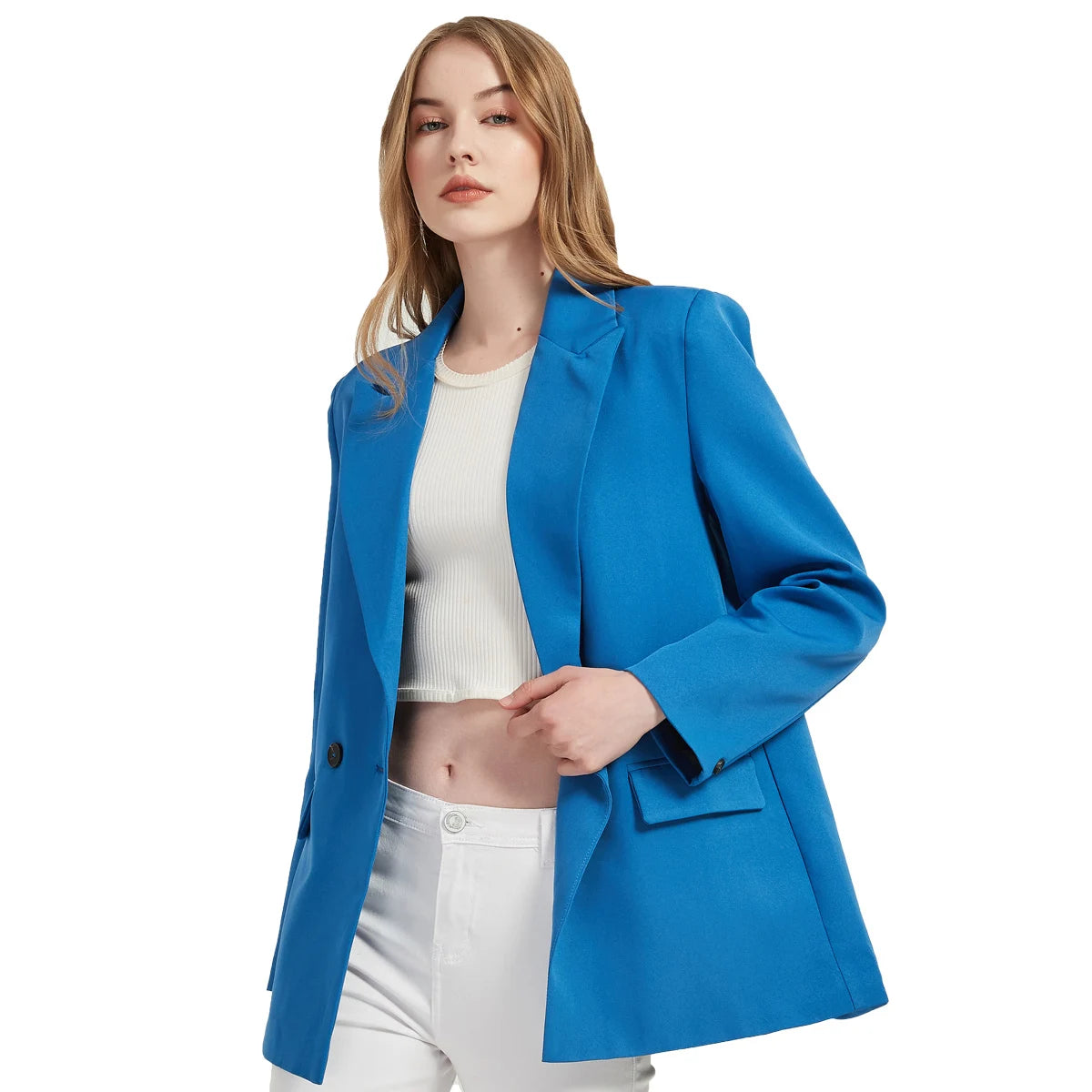 Autumn and spring women's blazer jacket casual solid color double-breasted pocket decorative coat 3
