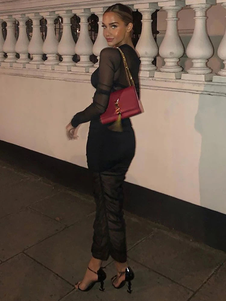 Articat Mesh See Through Women Dress Sexy 3 Piece Set Elegant Fashion Female Clothing Casual Slim Camisole Black Bodycon Skirts 2