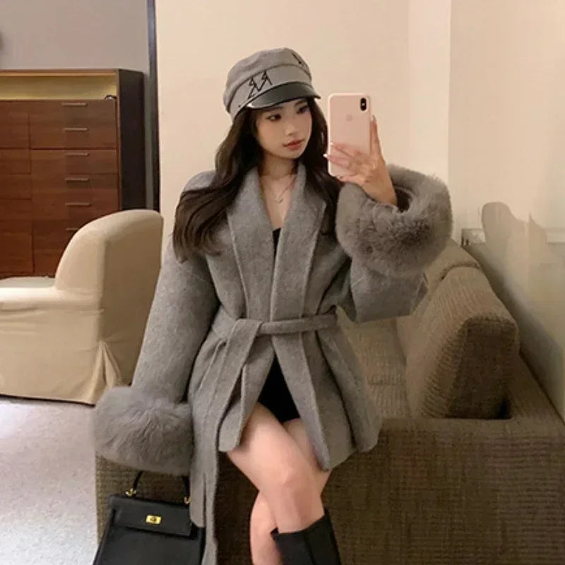 Elegant Ffice Women's Coat Fur Patchwork Long-sleeved Wool Coat Beautiful Women's Clothing Jacket Autumn And Winter 3