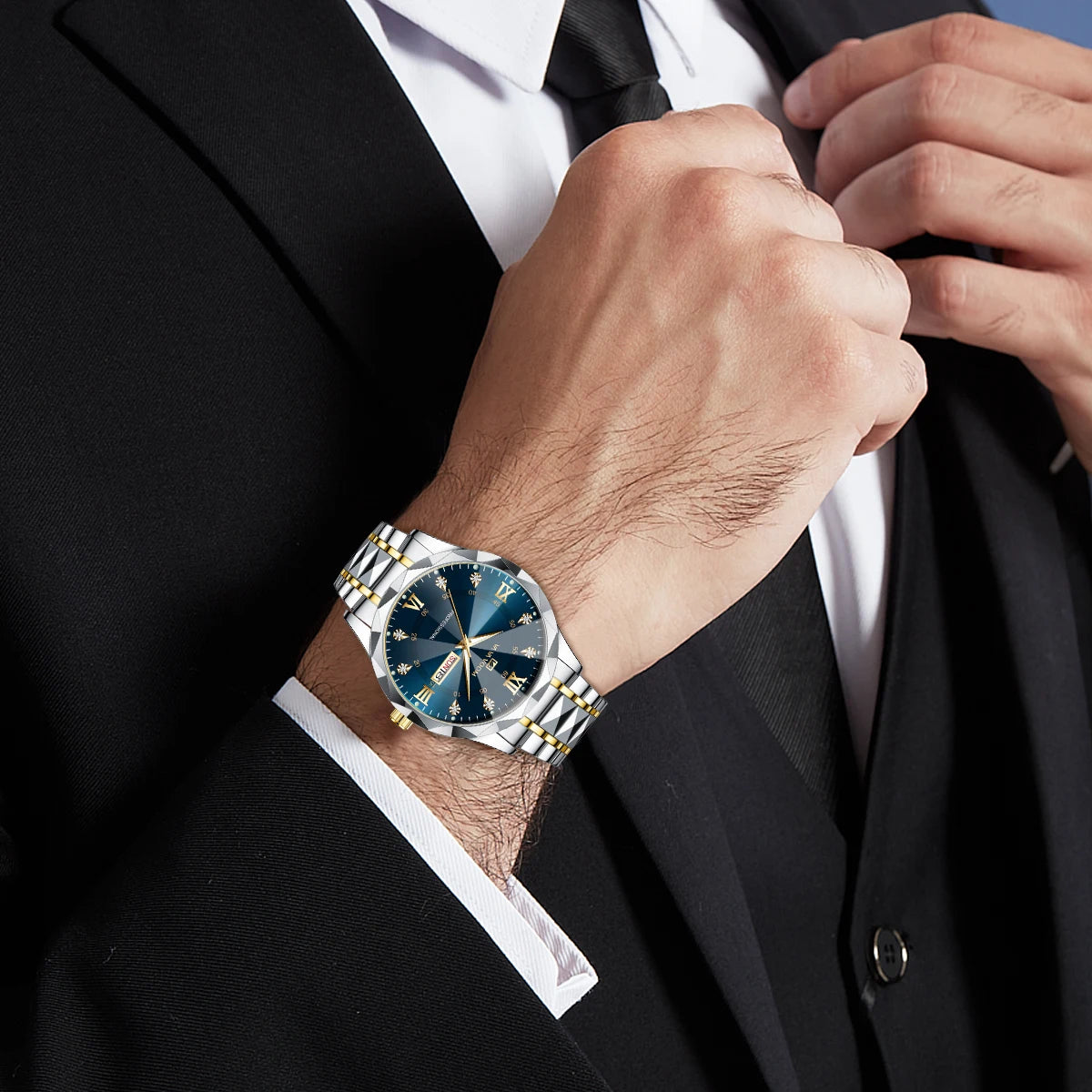 Men Watch Water Diamond Luxury Night Glow Double Calendar Quartz Movement 41mm 4