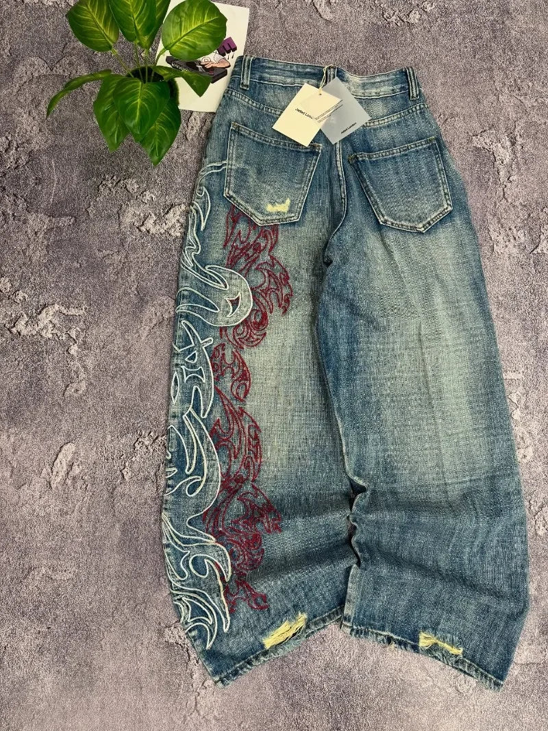 Y2K American New Pattern Embroidery Baggy Jeans Men High Street Vintage Hip Hop Fashion Casual Joker Couple Wide-leg Pants 2