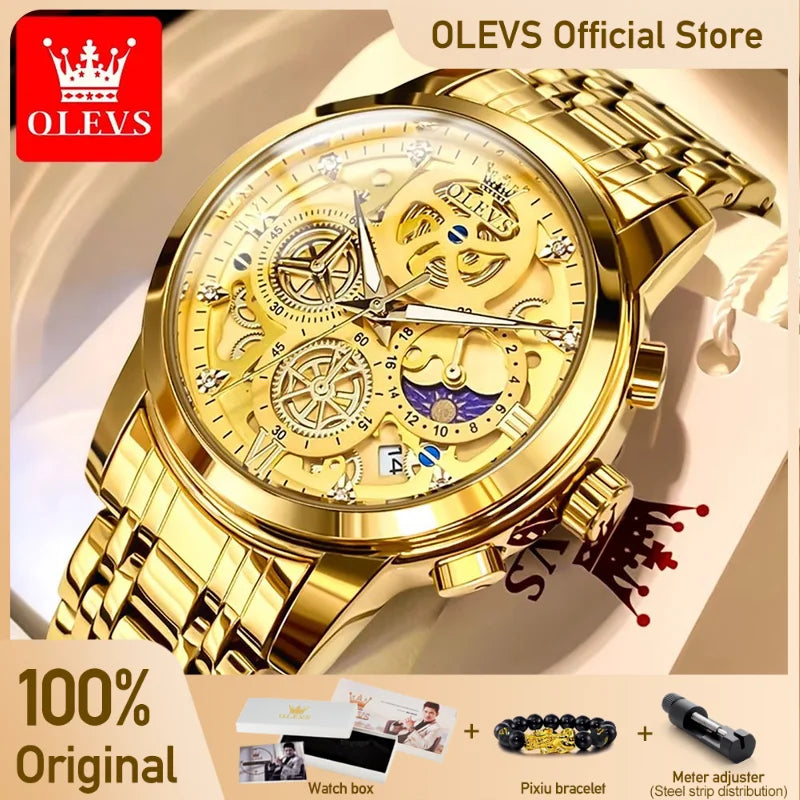 Men's Watches Top Brand Luxury Original Waterproof Quartz Watch for Man Gold Skeleton Style 24 Hour Day Night New
