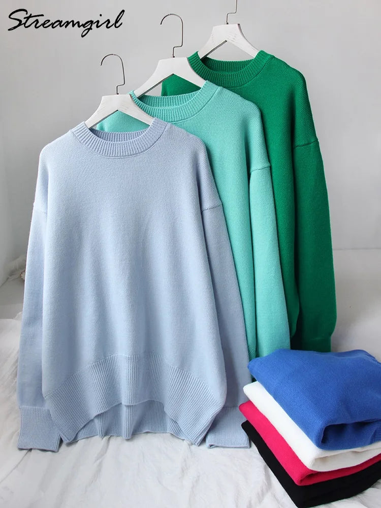 Light Blue Oversized Sweaters For Women 2024 Trend White Loose Sweater Casual Autumn Winter Warm Thick Knit Sweater Women Jumper 6