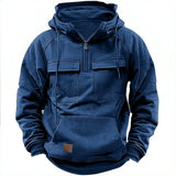 New autumn-winter men's hooded solid-color casual hoodie - fashionable young man's multi-pocket patch hoodie pullover shirt 4