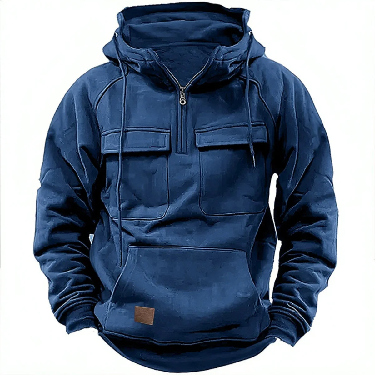 New autumn-winter men's hooded solid-color casual hoodie - fashionable young man's multi-pocket patch hoodie pullover shirt 4
