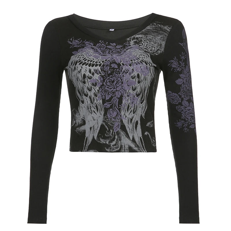 Dark-Academia-Graphic-Print-T-shirt-E-girl-Gothic-Mall-Goth-Alt-Emo-Crop-Top-Y2K