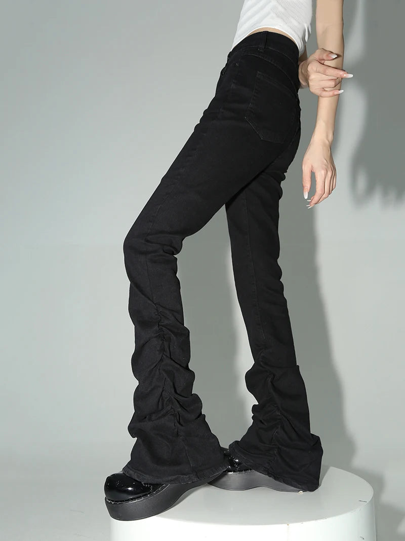 REDDACHiC Black Ruched Flare Jeans Women Solid Stretch Bootcut Stacked Pants High Rise Trousers Harajuku Goth Grunge Y2k Clothes 5