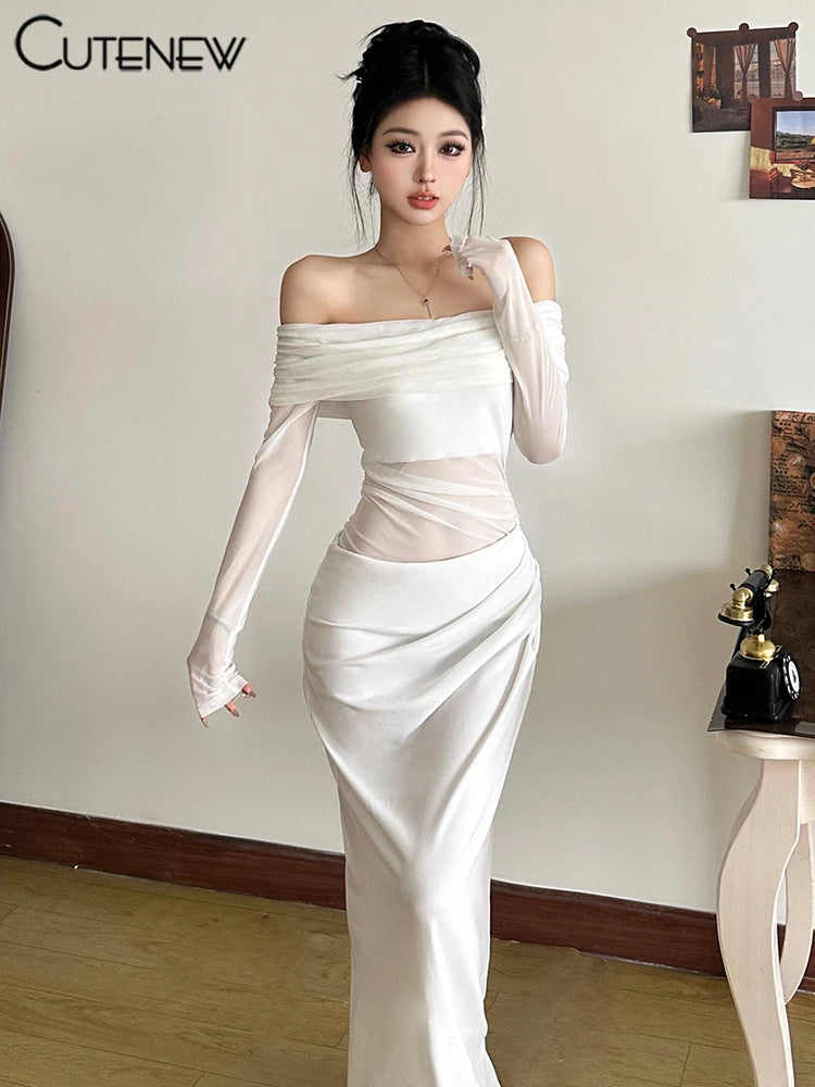 Cutenew-Mesh-Ruched-Women-Maxi-Dress-Sexy-See-Through-Off-Shoulder-Long-Sleeve-Sheath-Vestidos-Female