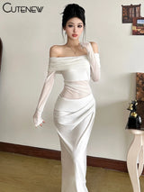Cutenew-Mesh-Ruched-Women-Maxi-Dress-Sexy-See-Through-Off-Shoulder-Long-Sleeve-Sheath-Vestidos-Female