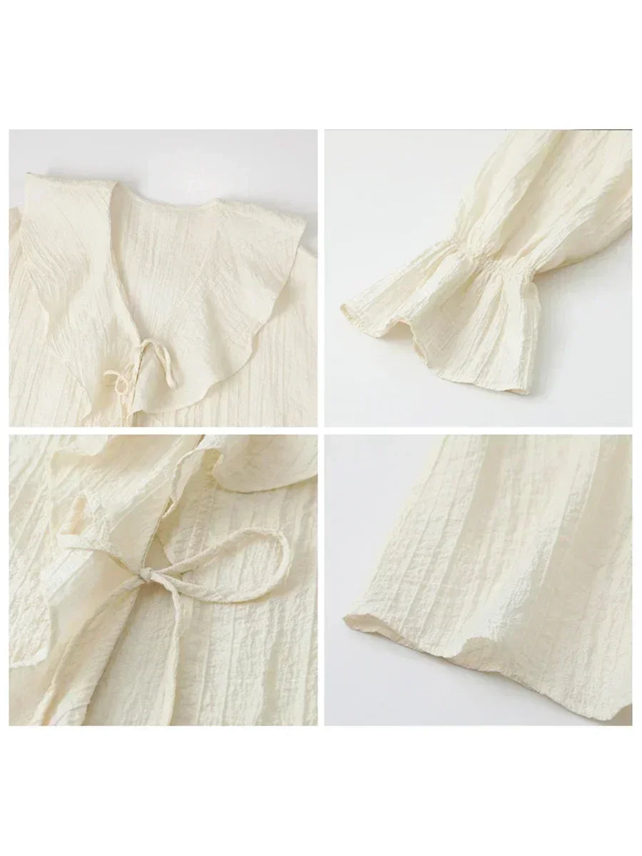 CHIC VEN Women Shirt Loose Casual Ruffled Edges Female Blouses V Neck Lace Up Mid Length Woman Shirts Spring Summer 2024 4