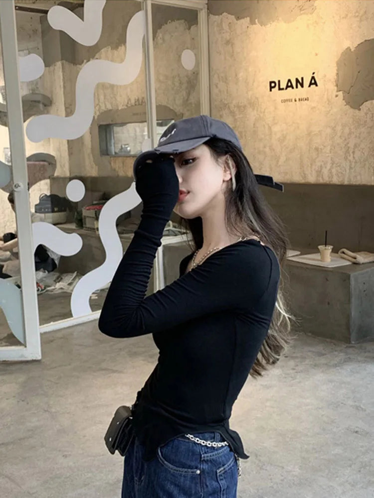 Long Sleeve T-shirts Women Fungus Line Irregular Hem Knitted Slender Autumn Bottoming Tees Chic Fashion Sexy Solid Ulzzang New 5