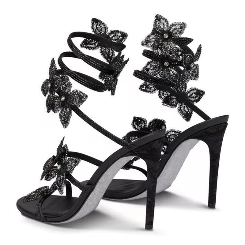 Crystal Flower Ankle Strap Heels