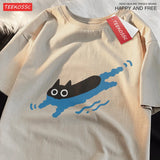Couple Tees Swimming Black Cat Diving Shoulder Short Sleeved T-shirt For Men