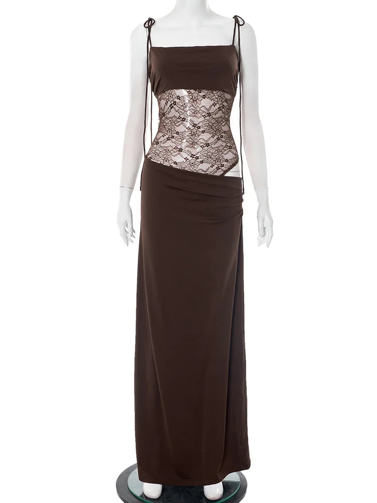 Elegant Lace Cut Out Maxi Dresses for Women 2025 Sexy Spaghetti Strap Patchwork Holidays Party Dress Summer Backless Long Dress