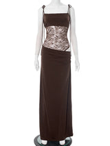 Elegant Lace Cut Out Maxi Dresses for Women 2025 Sexy Spaghetti Strap Patchwork Holidays Party Dress Summer Backless Long Dress