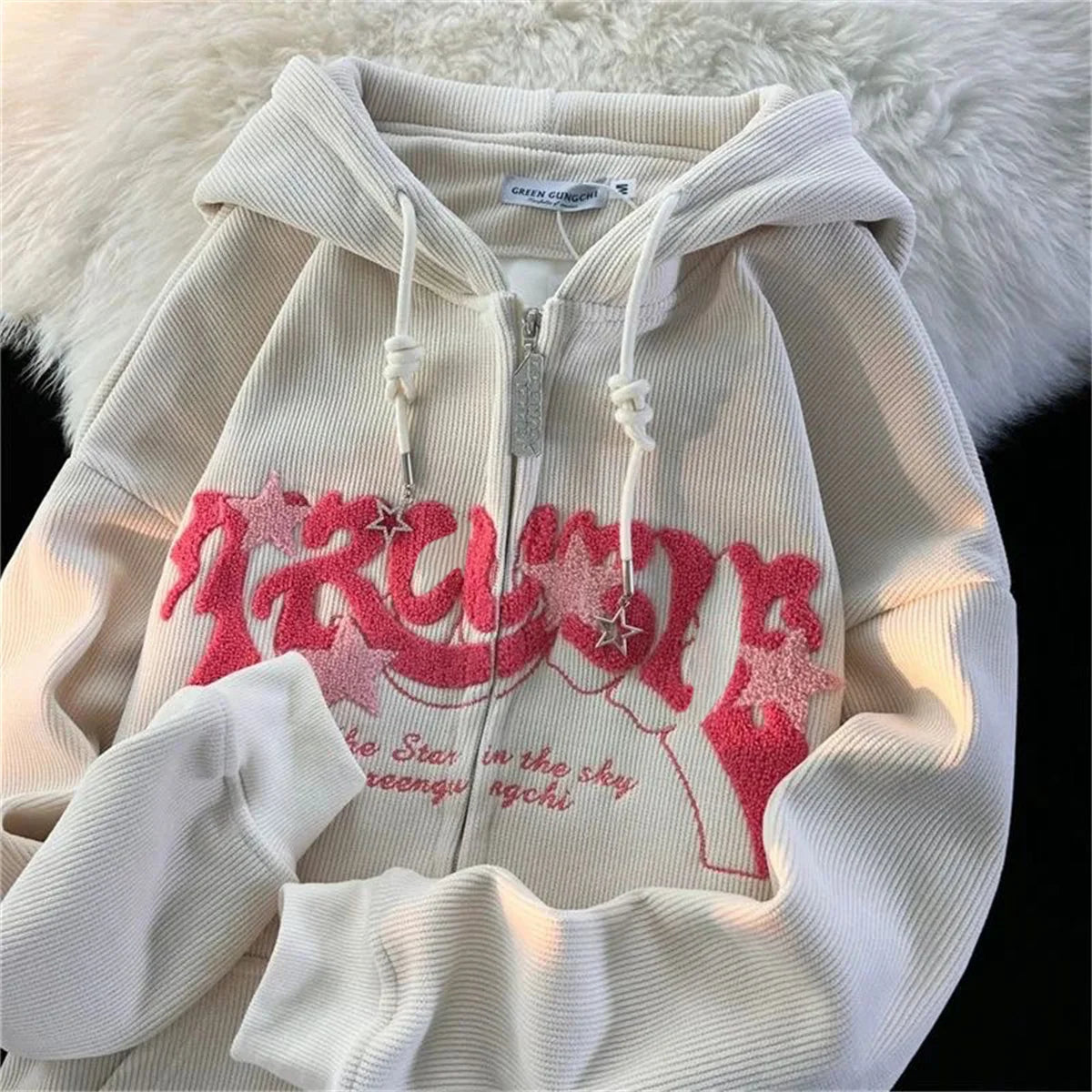 Fashion Embroidery Zip Up Hoodies Women Autumn Long Sleeve Tops Loose Hood Shirt Harajuku Y2K Clothes Female Sweatshirt Jacket 2