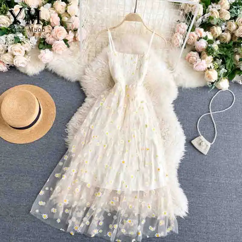 Daisy Print Mesh Midi Dress