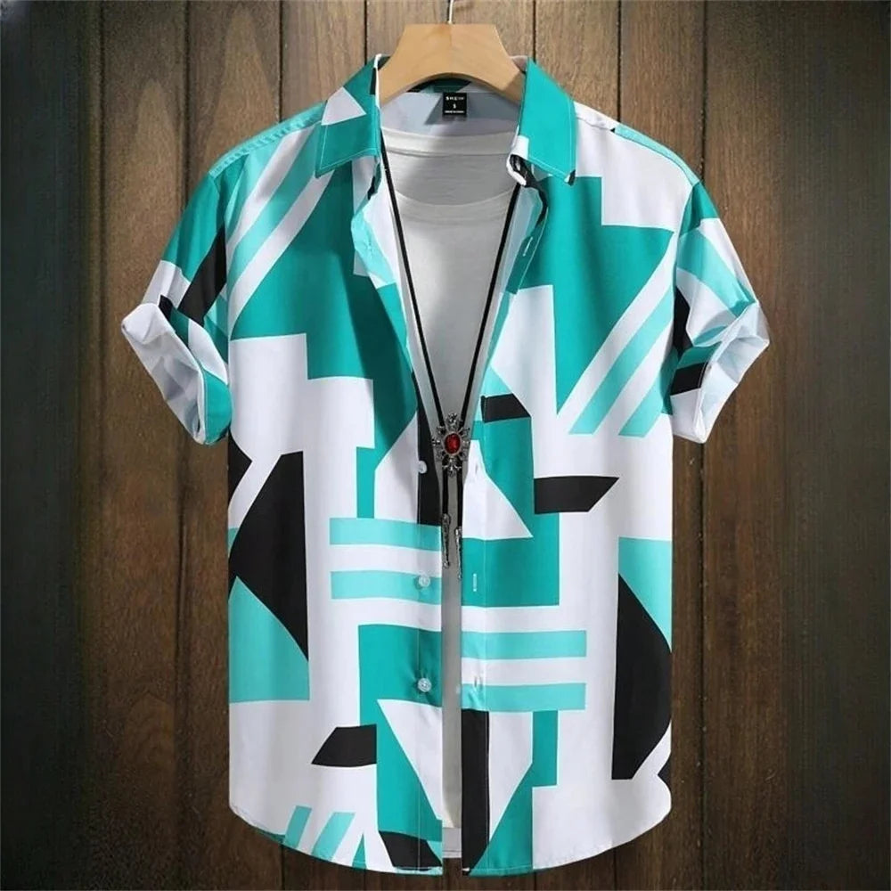 3D Printed Men's Lapel Shirt - Geometric Design, Short Sleeve Hawaiian Style 6