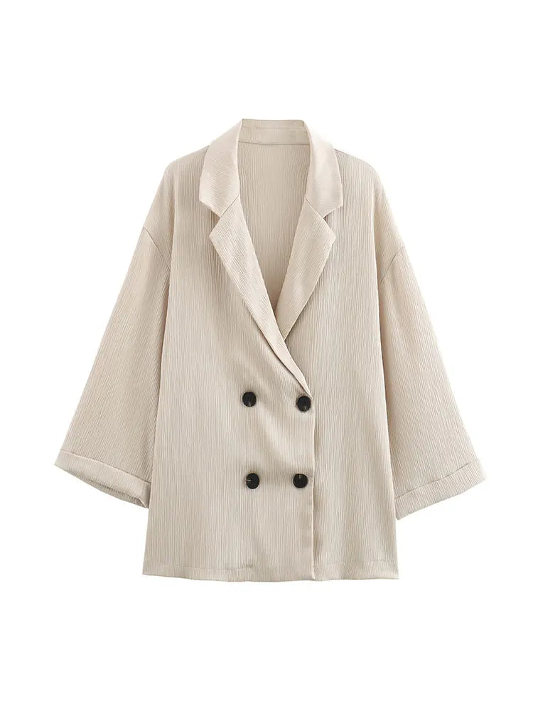 2024 Autumn Women Casual Blazer Coat Pants Set Long Sleeve Double Breasted Blazer + Wide Leg Trousers Lady Office Outfit 3