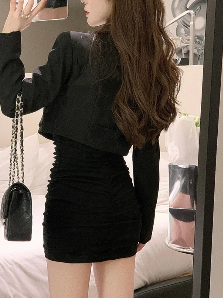 Black Bodycon Dress Women 2022 Autumn Long Sleeve Short Party Dress Office Lady Pure Color Elegant Vintage Y2k Mini Dress Korean 2