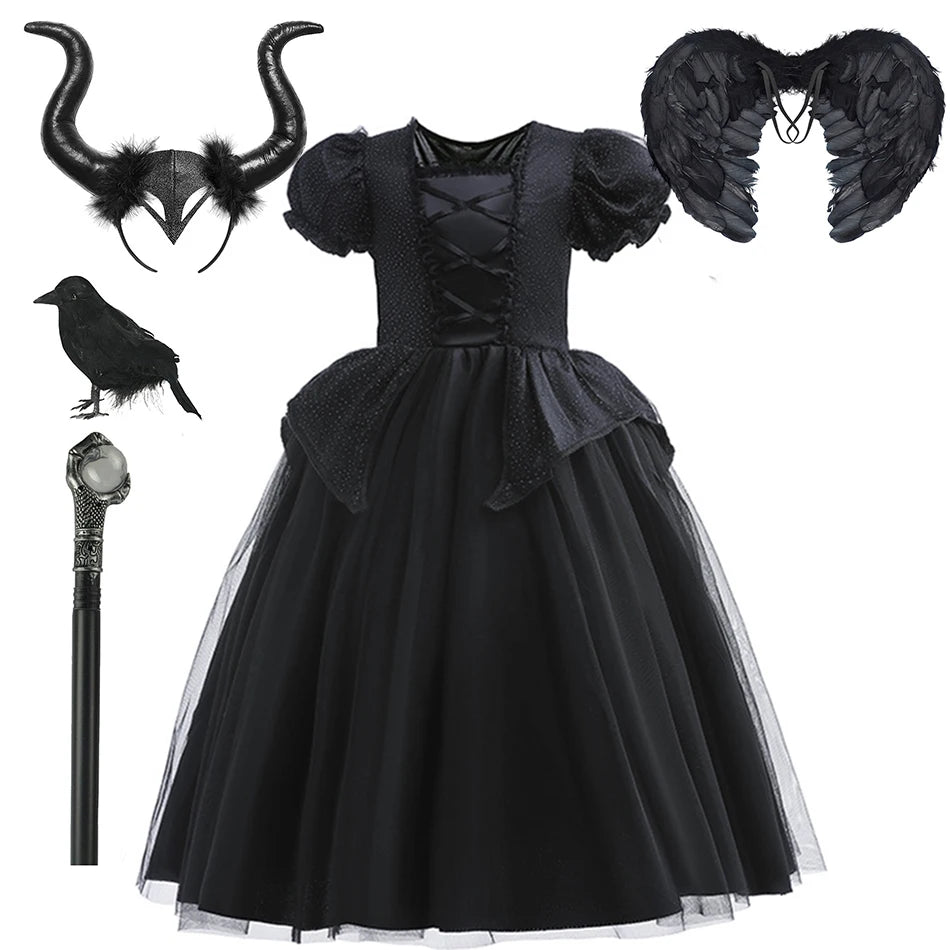Girls' Dark Forest Queen Cosplay Dress with Wings
