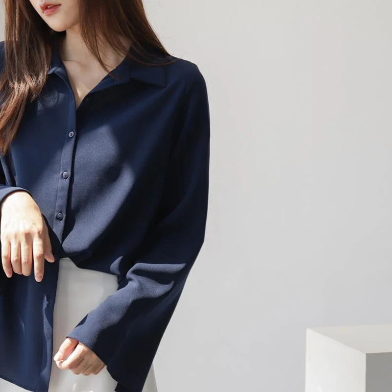 Women Chiffon Blouse Fashion Solid Long Flare Sleeve OL Office Lady Work Top Shirts V-neck White Shirt Elegant Female Clothes 6