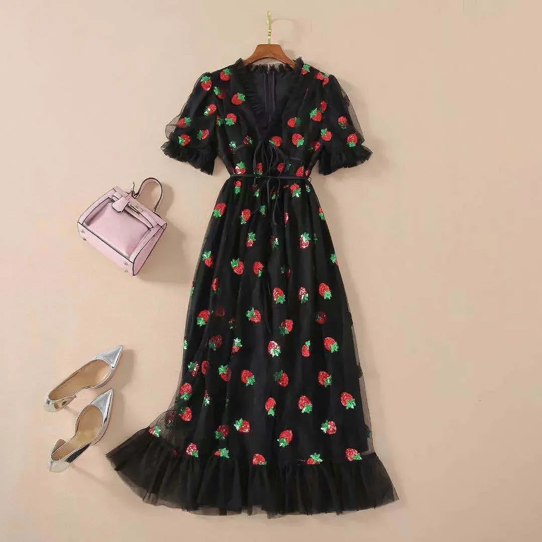 French Style Strawberry Two-Tone V-Neck Gown