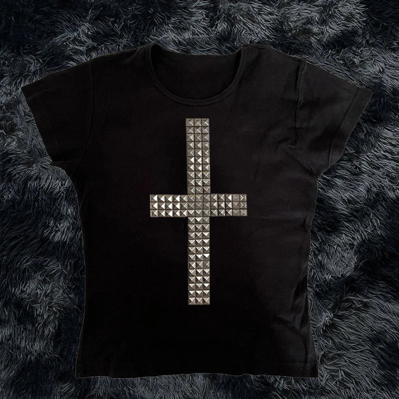 Y2K Vintage Cross Baby Tee | 90s Streetwear Aesthetic