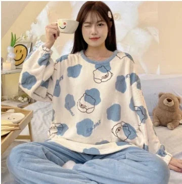 Autumn Winter New Warm Flannel Women's Pajamas Set Long-sleeved Trousers Two-piece Set Cute Soft Home Wear Clothes for Women 9