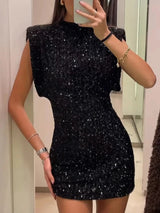 2025 New Fashion Sequin Mini Dress for Women Elegant O-Neck Fly Sleeve Shiny Short Dress