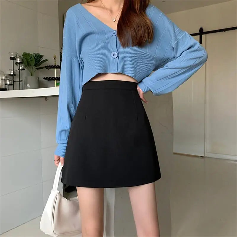 Black Skirts Women Mid-calf College A-line High Waist Korean Style All-match Friends Streetwear Chic Female Bottom Юбка Женская 6