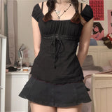 Xingqing 2000s Aesthetic Sweet Lace Tops Women Off Shoulder Drawstring T-shirt Korean Fashion Female Tee Fairy Grunge Streetwear 6