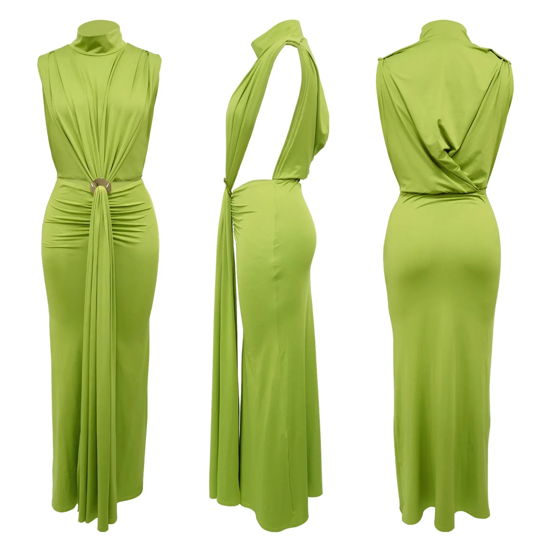 Women O-Neck High Split Ruched Stacked Bodycon Midi/Maxi Dress - Elegant Evening Party Dress 6