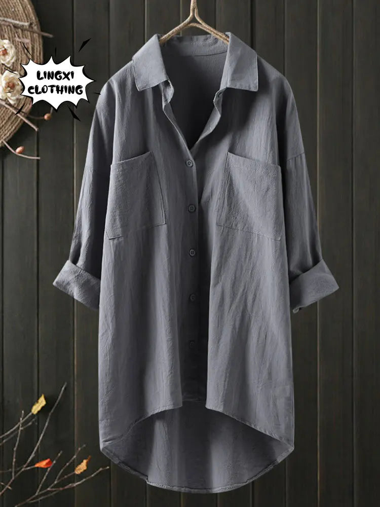 Elegant and Youth Woman Blouses Casual Home Cotton Linen Large Size Single Breasted Commuting Style Long Sleeved Shirt 4