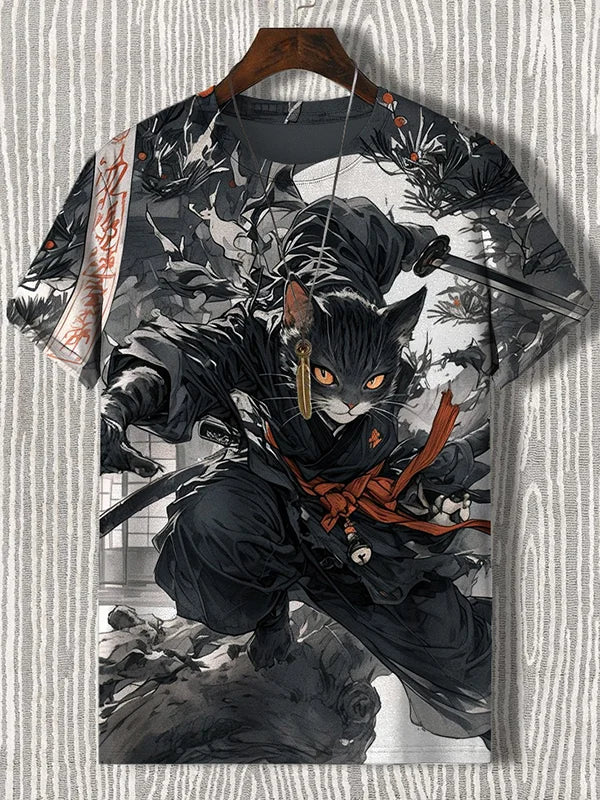 3D Printed Samurai Cat T-Shirt | Japanese Inspired Men's Tee