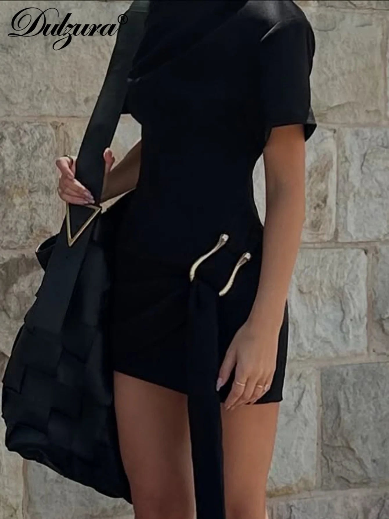 Dulzura O-Neck Short Sleeves Lace Up Bodycon Metal Button Mini Dress Solid Casual Elegant Short Dress Club Streetwear Outfit 5