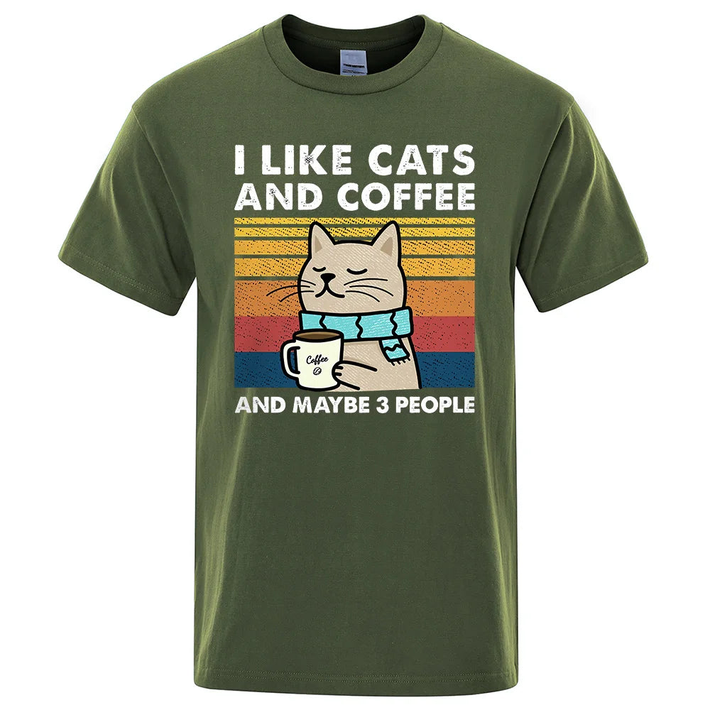 "I Like Cats and Coffee" Funny T-Shirt for Men | Casual Loose Fit Cotton Crewneck | Hip Hop Style