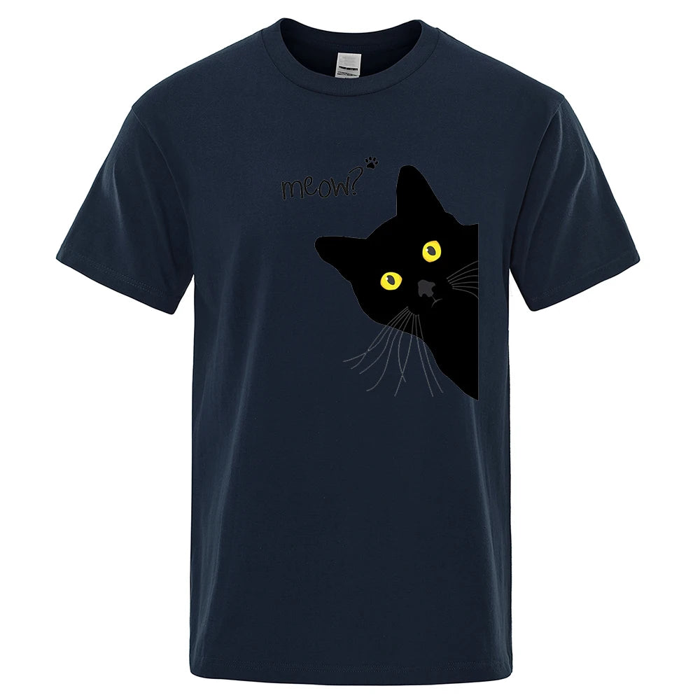 Black Cat Print T-Shirt - Funny Meow Design, Men's Loose Fit Summer Top 4